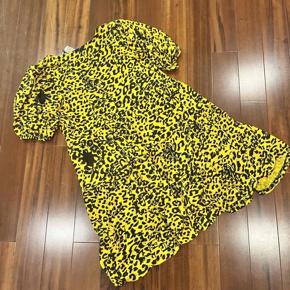 New NWT Desigual Yellow Black Dress Leopard Animal Print Dress A-line Vneck Sz M - Picture 4 of 7